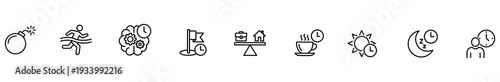 Time management deadline productivity schedule clock icon line outline set minimal pictogram row with bomb run plan goal flag balance scale coffee break sun cloud moon sleep reminder