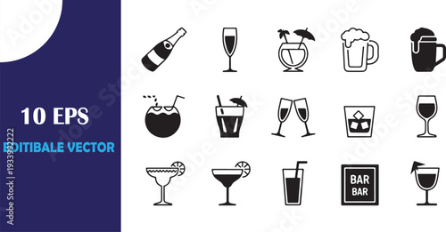 Collection of diverse drink icons including champagne beer cocktails and bar signs isolated on transparent background