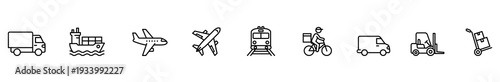 Transportation logistics delivery shipping cargo vehicle icon outline set of black line transport symbol with truck ship airplane train bicycle courier van forklift hand truck on white