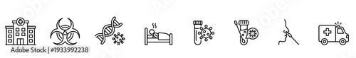Hospital biohazard dna virus patient bed test tube syringe line icon set for healthcare, laboratory, vaccination, infection control, emergency service, medical transport