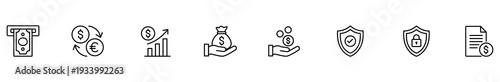 Finance icon money exchange growth investment security document line symbol set showing cash withdrawal, currency swap, profit chart, savings, donation, shield, invoice