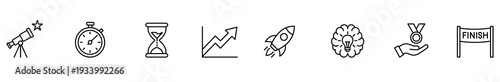 Telescope stopwatch hourglass chart rocket idea medal finish line icon set, minimalist outline symbols for time management, progress, innovation, achievement, goal completion