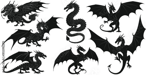 Dragon silhouettes vector. Set of various fantasy dragon silhouettes in different poses and styles, isolated on white background