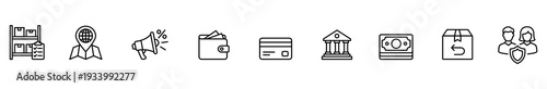 Warehouse certificate globe megaphone wallet credit card bank cash return customer line icon set for finance, banking, payment, shipping, refund, support, minimal outline design