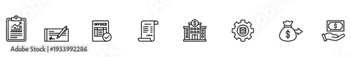 Finance accounting invoice receipt bank payment money bookkeeping line icon set for business paperwork, tax record, billing, cash flow, audit, and financial service web banner