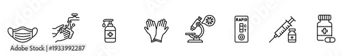 Medical icon healthcare hygiene mask handwashing sanitizer glove laboratory line icon set for prevention, diagnostic and vaccination, microscope, rapid test, syringe, medicine bottle