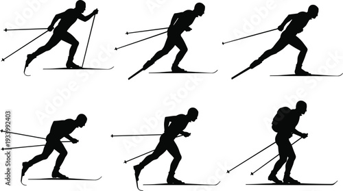Silhouettes of cross-country skiers in various poses, showing athletic motion and endurance, for winter sports and recreation concepts