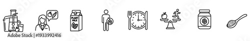Nutrition health diet digestion plant milk fasting weight loss seed line icon collection featuring juicer, dietitian, gut, meal time, balance scale, supplement jar, spoon with seeds