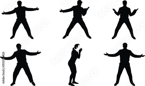 Dynamic silhouettes of people building snowmen and sledding down hills, for winter recreation and playful seasonal concepts