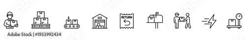 Delivery shipping logistics warehouse package return mailbox handshake line icon set showing courier pallet conveyor storage label express symbol cart clock for commerce service