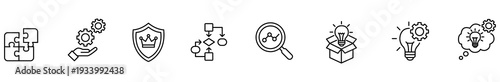 Icon outline puzzle gear shield flowchart magnifier lightbulb security process thin line symbol collection for user interface, infographic, web navigation, analysis, strategy, innovation