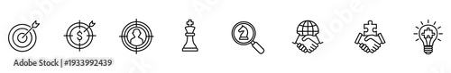 Icon line outline business strategy target goal collaboration set symbol collection showing aim profit user focus chess planning search global partnership teamwork innovation