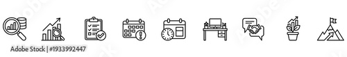 Business icon outline analysis growth checklist calendar stopwatch line icon set for planning productivity teamwork report office desk communication goal mountain flag simple interface