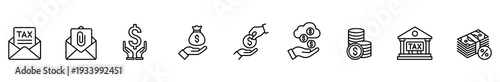 Tax finance money payment savings investment banking loan envelope coin outline icon featuring paperclip dollar hand money bag stack tax office percentage cash minimal design