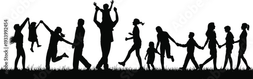 Black silhouette collection of happy families with parents and children playing running and holding hands for active community lifestyle and outdoor recreation concepts.