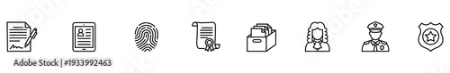 Document identification fingerprint certificate archive avatar police badge icon set for security verification, background check, identity management, legal compliance, line outline vector