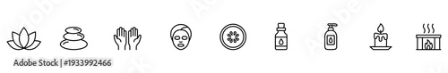 Spa wellness relaxation massage skincare beauty aromatherapy candle minimalist line icon set with lotus stone hand facial mask cucumber bottle and fireplace, outline symbol for salon design