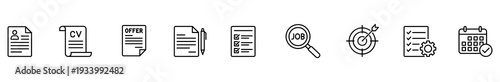Recruitment resume document offer contract checklist calendar target icon set for hiring workflow, job search, career planning, application tracking, HR process, minimalist outline design