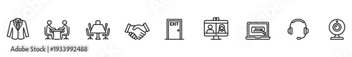 Business icon outline meeting handshake exit video conference headset set, black line symbols for office communication, teamwork, security, remote work, and support, minimalist vector illustration