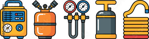 Illustration of refrigeration tools such as a gauge set, gas cylinder, vacuum pump, and hoses, designed for use in maintenance and repair environments