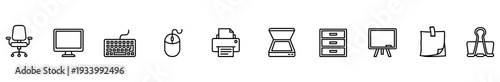 Office icon chair computer monitor keyboard mouse printer cabinet minimalist line set showing workplace equipment, stationery, and supplies for web interface, app, and infographic design
