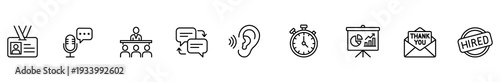 Hiring interview recruitment communication feedback listening stopwatch presentation line icon set for human resource workflow, candidate screening, meeting, email, approval, onboarding