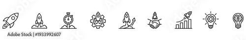 Rocket startup innovation growth strategy teamwork icon vector symbol set for business launch, progress tracking, partnership, planning, technology, and idea, clean monochrome line style