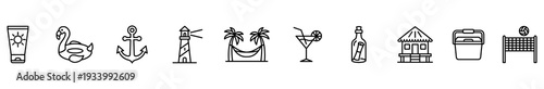 Sunscreen flamingo anchor lighthouse hammock cocktail bottle beach house line icon set for summer vacation design seaside travel poster beach party banner minimal outline