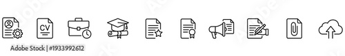 Icon outline resume document career recruitment education certificate set featuring profile, briefcase, graduation cap, megaphone, pencil edit, paperclip, cloud upload on white