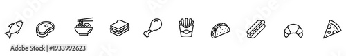 Food icon outline vector menu restaurant fast food fish pizza taco line art set with croissant, hot dog, noodle bowl, french fry, minimal symbol for interface infographic