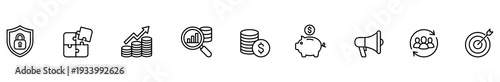 Finance icon security puzzle growth analytics money piggy bank marketing outline symbol set for business planning, investment, advertising, teamwork, goal achievement, web interface