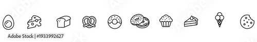Avocado cheese bread pretzel donut cookie cupcake cake ice cream icon collection of black outline food symbols for menu design, bakery packaging, web interface, minimal vector style