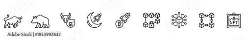 Cryptocurrency blockchain token bull bear rocket market icon set with outline symbols for trading trend, security padlock, network node, digital collectible, minimalist black line design