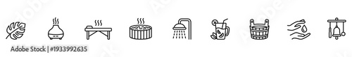 Spa wellness sauna shower massage aroma diffuser tea icon set with leaf steam basket gong and hands minimalist line art for relaxation health and self care branding