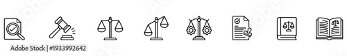 Legal law justice gavel scale contract document book outline icon collection for legal service, court rule, compliance checklist, regulation policy, litigation concept for website header design