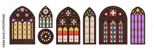 Stained glass, gothic windows set. Medieval church decoration, mosaic colored patterns on arch and round frames. Catholic religious panels, panes. Flat vector illustration isolated on white background