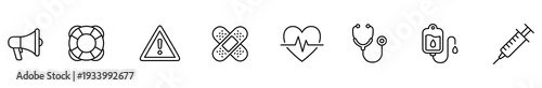 Medical icon healthcare warning bandage heart stethoscope syringe line set featuring megaphone, lifebuoy, alert sign, first aid, pulse symbol, infusion bag, injection for clinic interface design