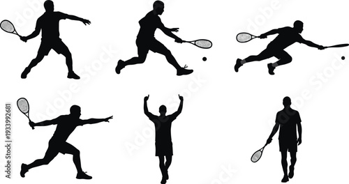 Dynamic silhouettes of tennis and squash players in various action poses, including serving, hitting, and celebrating for sports concepts