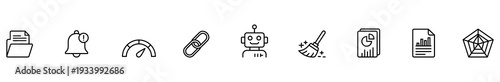 Icon printer notification gauge paperclip robot broom document set on white background, thin black outline symbols for interface, office, automation, cleaning, report, web security