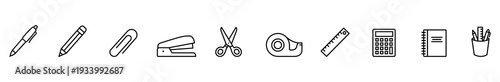 Office supply icon outline stationery pen pencil paperclip stapler scissors minimal line set featuring tape dispenser, ruler, calculator, notebook, organizer cup, clean vector style, education
