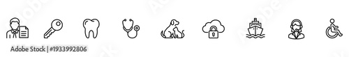 Icon outline line symbol collection minimal monochrome vector for web interface featuring employee badge key tooth stethoscope dog cloud lock ship headset wheelchair