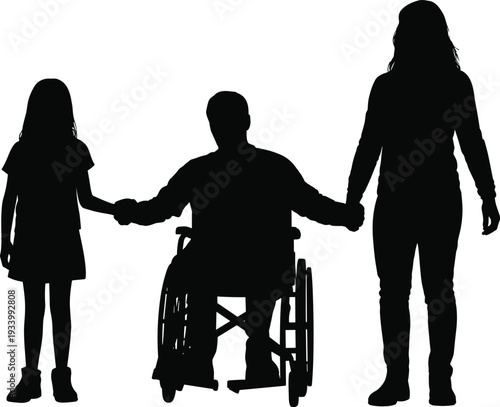 Black silhouette of a family holding hands with a father in a wheelchair for disability inclusion family support accessibility and strong emotional bond lifestyle concepts.