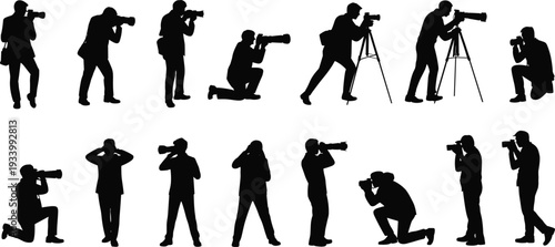 Black silhouette collection of professional photographers with cameras and tripods in various shooting poses for media journalism creative arts and paparazzi lifestyle concepts.