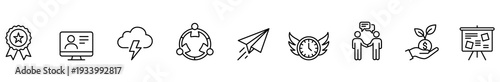 Icon line outline business technology finance marketing education minimal symbol collection featuring award cloud globe paper plane clock meeting investment presentation