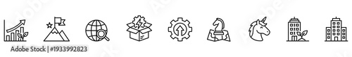 Icon outline line symbol business growth mountain globe box collection, minimal vector graphic for web interface, presentation, navigation, infographic, mobile user interface