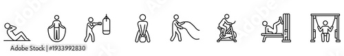 Fitness exercise icon pictogram stick figure workout gym training set showing jump rope punching bag kettlebell lift battle rope cycling bench press pullup stretching for instruction