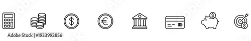 Finance money banking payment savings investment currency icon set with calculator coin dollar euro bank building payment card piggy bank target arrow minimal outline design on banner