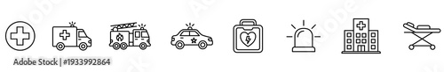 Medical emergency icon ambulance fire truck police car hospital stretcher siren battery outline set for health service, rescue transport, first aid, safety alert, equipment signage