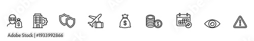 Security icon finance travel warning calendar shield thief line icon set featuring fraud, building, airplane, money, coin, eye, alert symbol for business infographic design