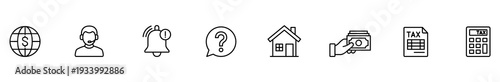 Finance money tax icon outline vector set symbol minimal line pictogram collection with globe currency support headset notification bell question bubble home cash hand tax form calculator